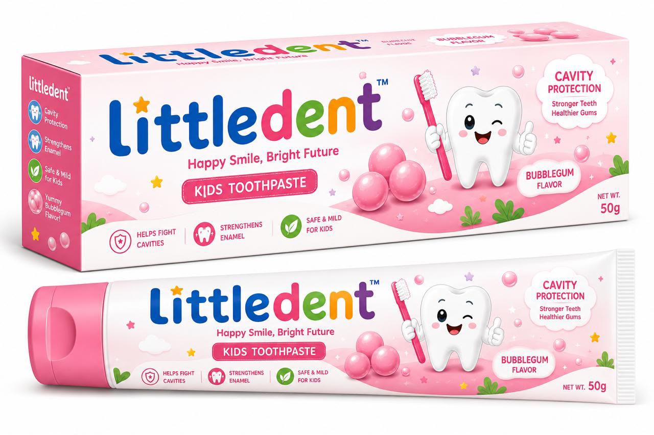 Littledent kids toothpaste box and tube, bubblegum flavour, 70g